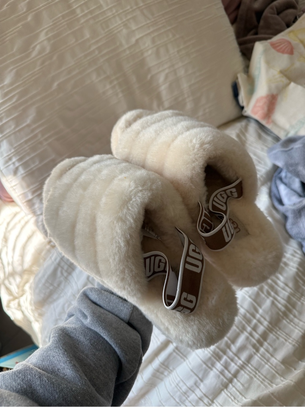 UGG Plush Shearling Slide Slippers in Cream